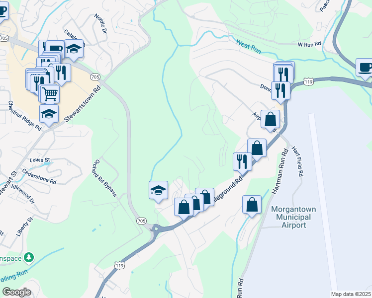 map of restaurants, bars, coffee shops, grocery stores, and more near 60 Brownstone Drive in Morgantown