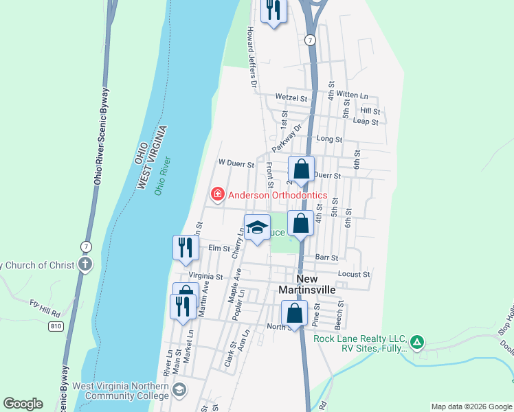 map of restaurants, bars, coffee shops, grocery stores, and more near 226 McEldowny Avenue in New Martinsville