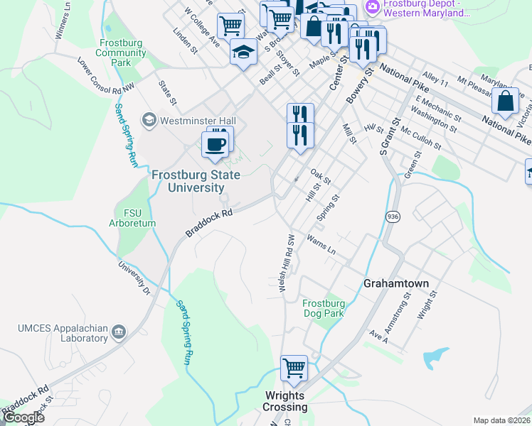 map of restaurants, bars, coffee shops, grocery stores, and more near 177 Park Avenue in Frostburg