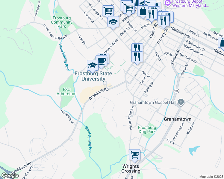 map of restaurants, bars, coffee shops, grocery stores, and more near 100 Braddock Street in Frostburg