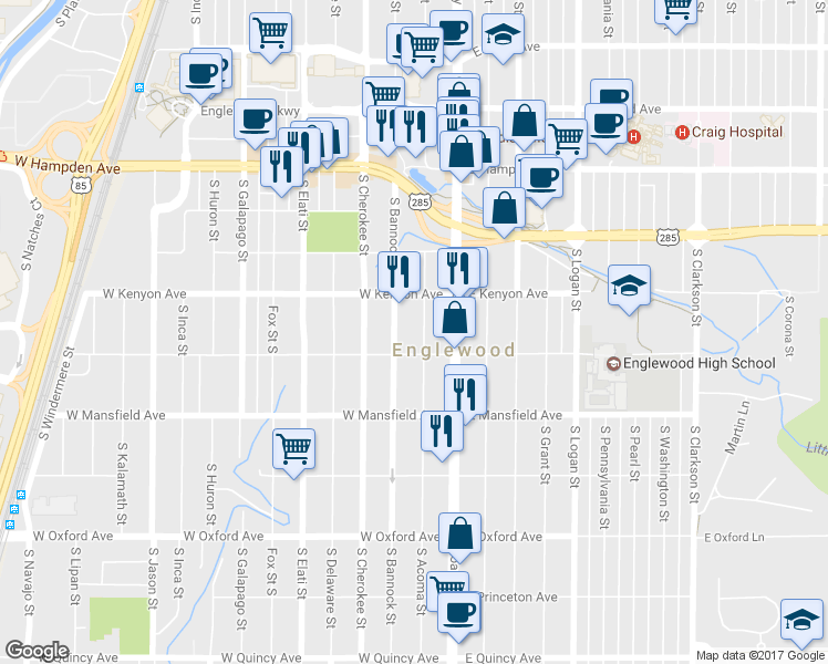 map of restaurants, bars, coffee shops, grocery stores, and more near 3779 South Acoma Street in Englewood