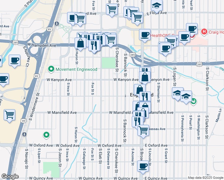 map of restaurants, bars, coffee shops, grocery stores, and more near 3785 South Delaware Street in Englewood