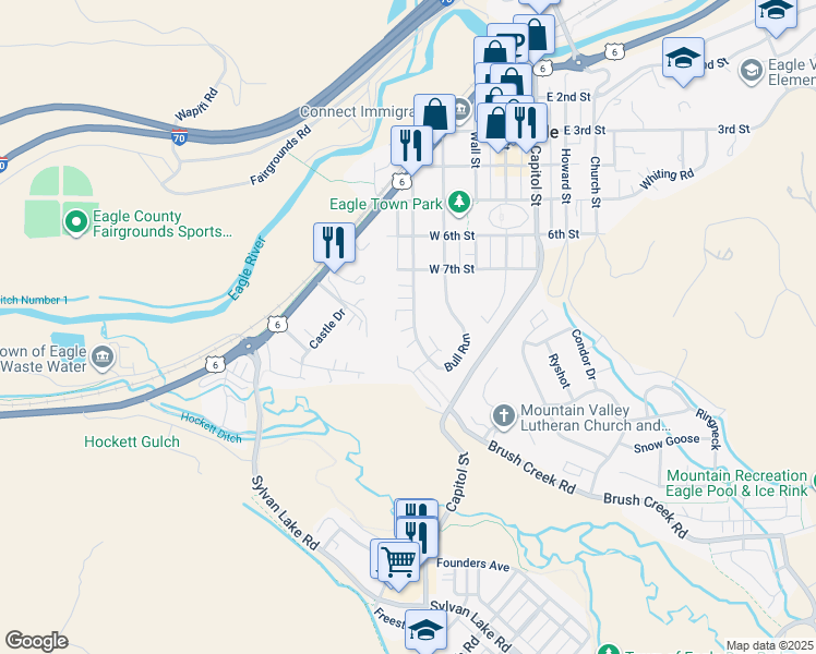 map of restaurants, bars, coffee shops, grocery stores, and more near 717 Bull Run in Eagle