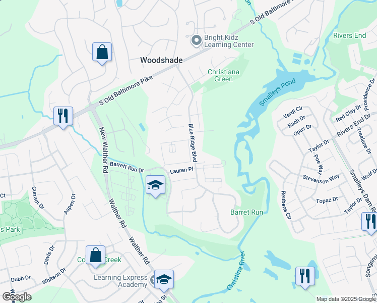 map of restaurants, bars, coffee shops, grocery stores, and more near 606 North Barrett Lane in Newark