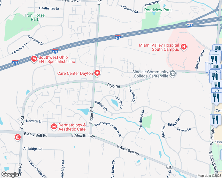 map of restaurants, bars, coffee shops, grocery stores, and more near 6605 Hedington Square in Dayton
