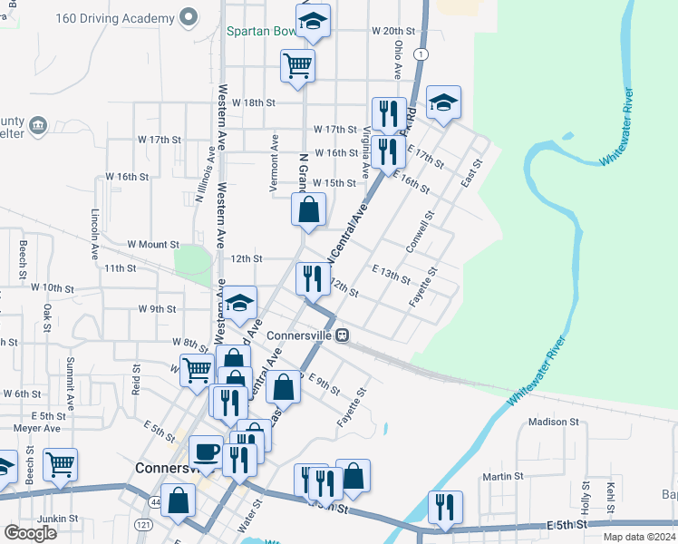 map of restaurants, bars, coffee shops, grocery stores, and more near 1132 North Central Avenue in Connersville