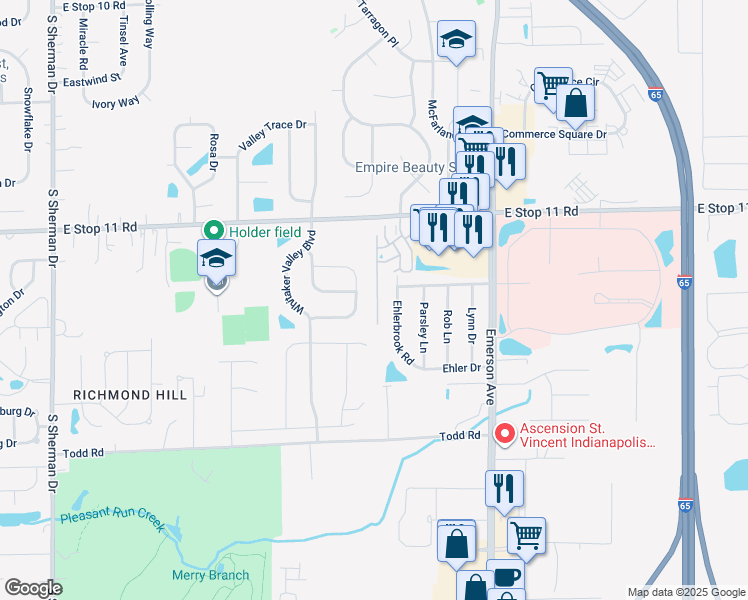 map of restaurants, bars, coffee shops, grocery stores, and more near 8159 Whitham Drive in Indianapolis