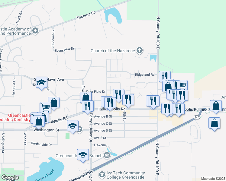 map of restaurants, bars, coffee shops, grocery stores, and more near 1076 Castlebury Drive in Greencastle