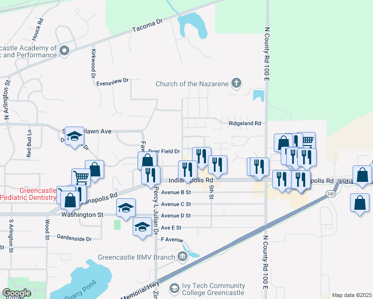 map of restaurants, bars, coffee shops, grocery stores, and more near 1076 Castlebury Drive in Greencastle