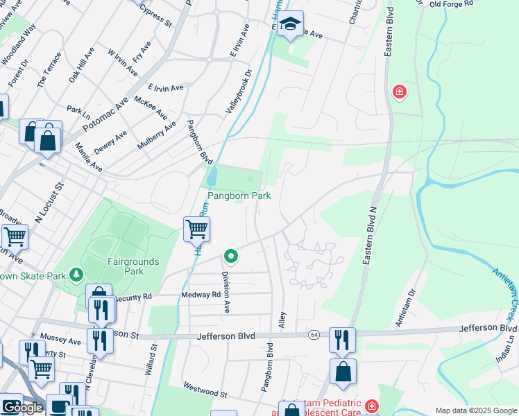 map of restaurants, bars, coffee shops, grocery stores, and more near 534 Pangborn Boulevard in Hagerstown