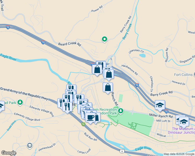 map of restaurants, bars, coffee shops, grocery stores, and more near 429 Edwards Access Road in Edwards