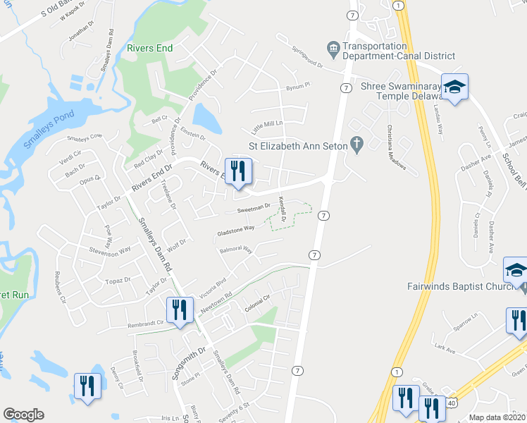 map of restaurants, bars, coffee shops, grocery stores, and more near 423 Sweetman Drive in Bear