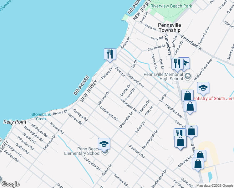 map of restaurants, bars, coffee shops, grocery stores, and more near 141 Annapolis Road in Pennsville