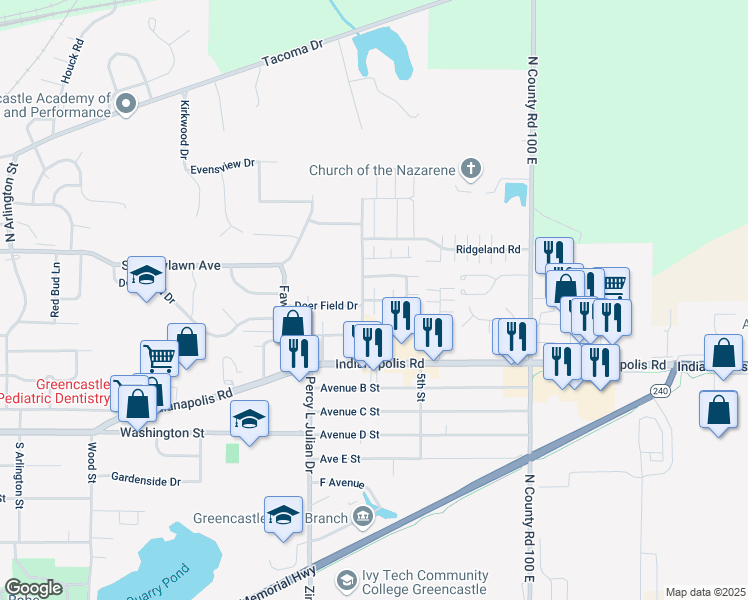map of restaurants, bars, coffee shops, grocery stores, and more near 1076 Castlebury Drive in Greencastle