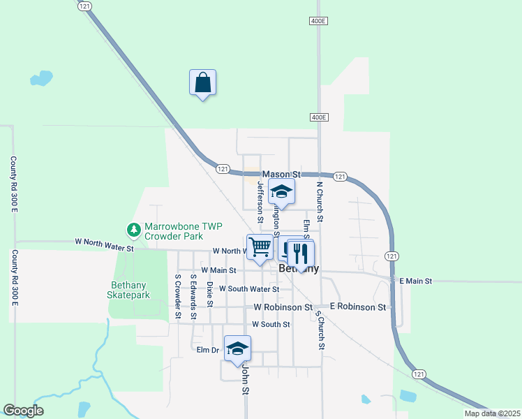 map of restaurants, bars, coffee shops, grocery stores, and more near 400 Jefferson Street in Bethany