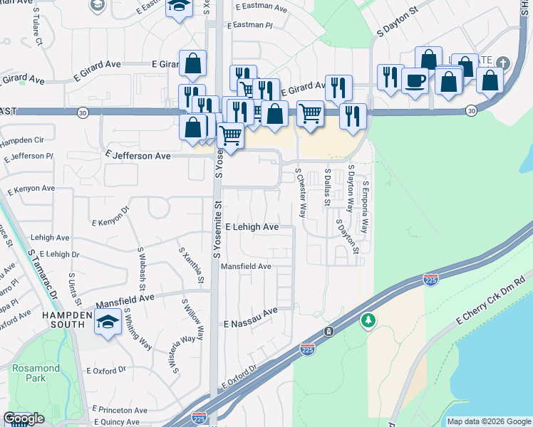 map of restaurants, bars, coffee shops, grocery stores, and more near 9195 East Lehigh Avenue in Denver