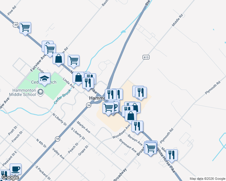 map of restaurants, bars, coffee shops, grocery stores, and more near 17 Middle Road in Hammonton