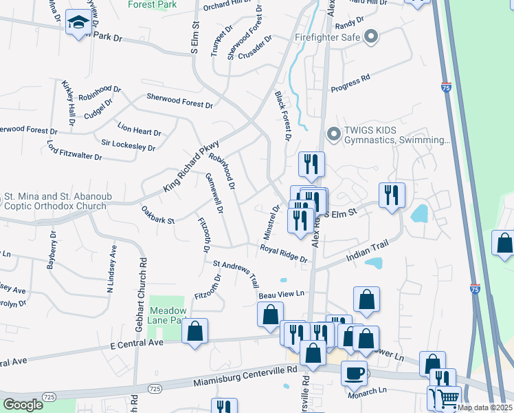 map of restaurants, bars, coffee shops, grocery stores, and more near 702 Green Feather Court in West Carrollton