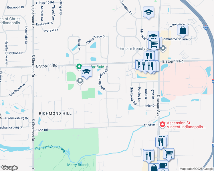 map of restaurants, bars, coffee shops, grocery stores, and more near 8166 Whitaker Valley Boulevard in Indianapolis