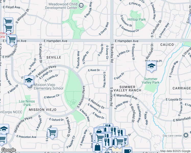 map of restaurants, bars, coffee shops, grocery stores, and more near 3837 South Olathe Circle in Aurora