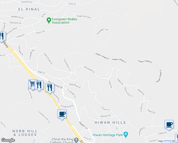 map of restaurants, bars, coffee shops, grocery stores, and more near 29250 Buchanan Drive in Evergreen