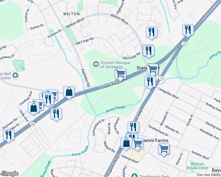 map of restaurants, bars, coffee shops, grocery stores, and more near 468 Pulaski Highway in New Castle
