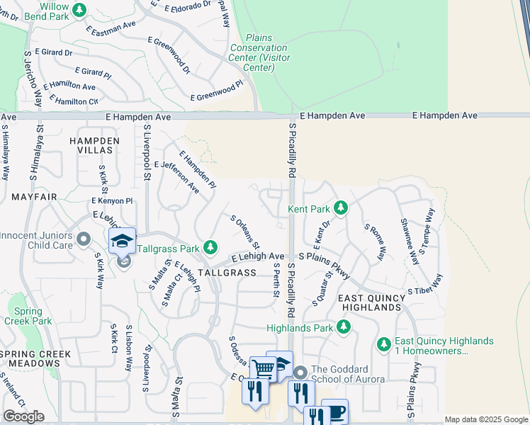 map of restaurants, bars, coffee shops, grocery stores, and more near 3713 South Perth Circle in Aurora