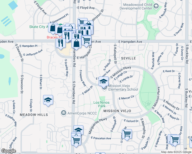 map of restaurants, bars, coffee shops, grocery stores, and more near 15604 East Kenyon Avenue in Aurora