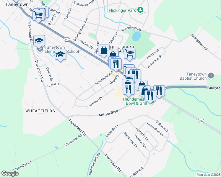map of restaurants, bars, coffee shops, grocery stores, and more near 78 Carnival Drive in Taneytown