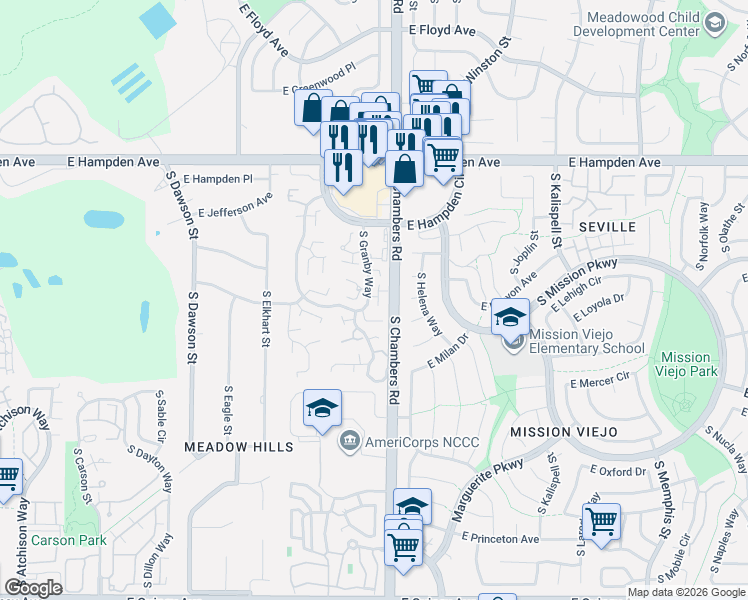 map of restaurants, bars, coffee shops, grocery stores, and more near 3774 South Granby Way in Aurora