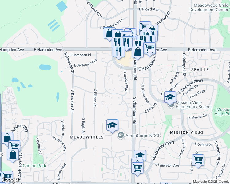map of restaurants, bars, coffee shops, grocery stores, and more near 3783 South Fairplay Way in Aurora