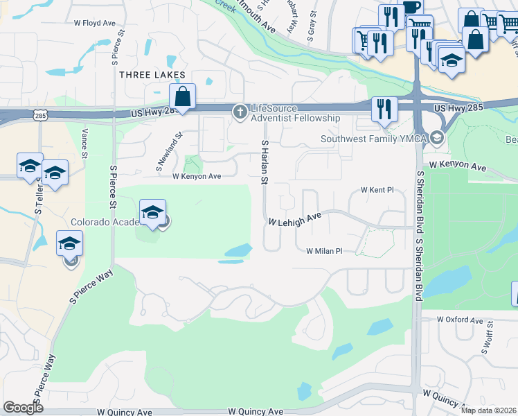 map of restaurants, bars, coffee shops, grocery stores, and more near 3761 South Harlan Street in Denver