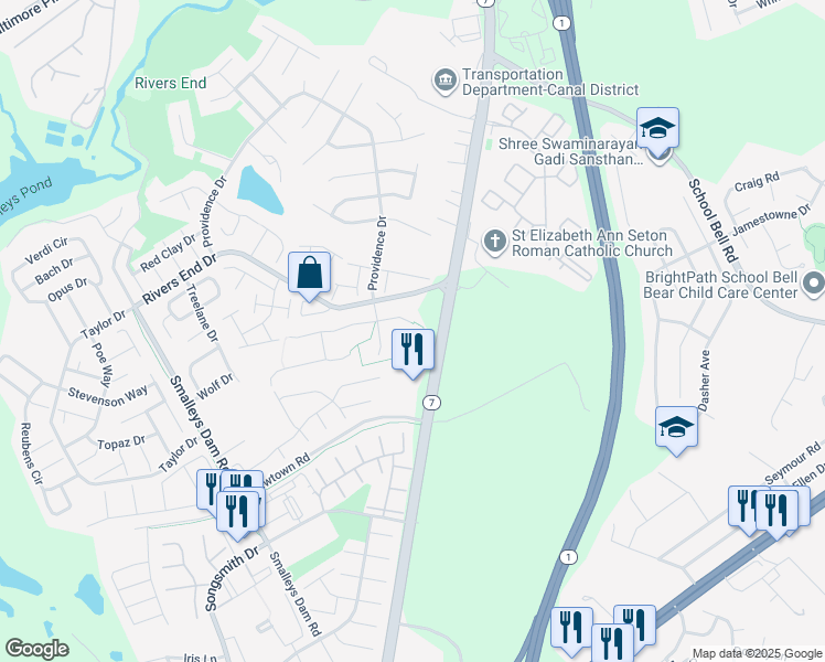 map of restaurants, bars, coffee shops, grocery stores, and more near 464 Bear Christiana Road in Bear