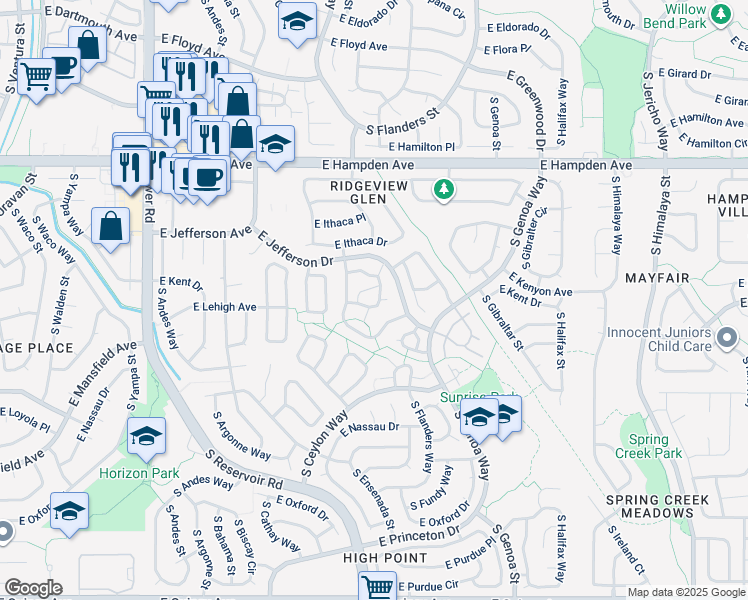 map of restaurants, bars, coffee shops, grocery stores, and more near 3753 South Danube Circle in Aurora