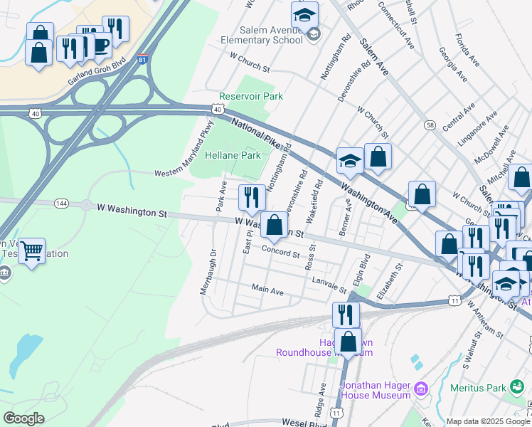 map of restaurants, bars, coffee shops, grocery stores, and more near 16 Nottingham Road in Hagerstown