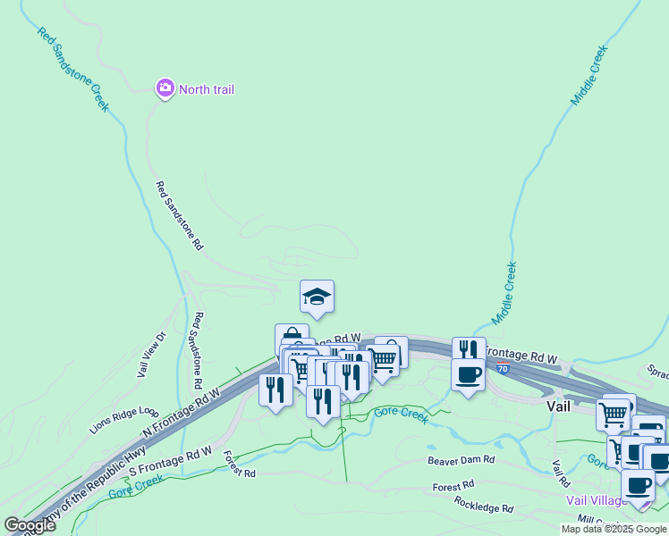 map of restaurants, bars, coffee shops, grocery stores, and more near 772 Potato Patch Drive in Vail