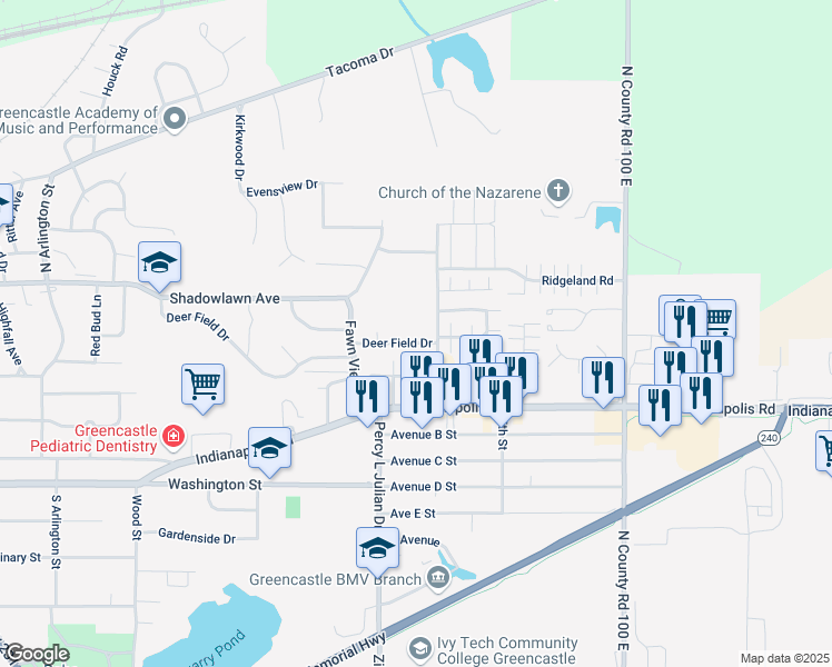 map of restaurants, bars, coffee shops, grocery stores, and more near 204 Judson Drive in Greencastle