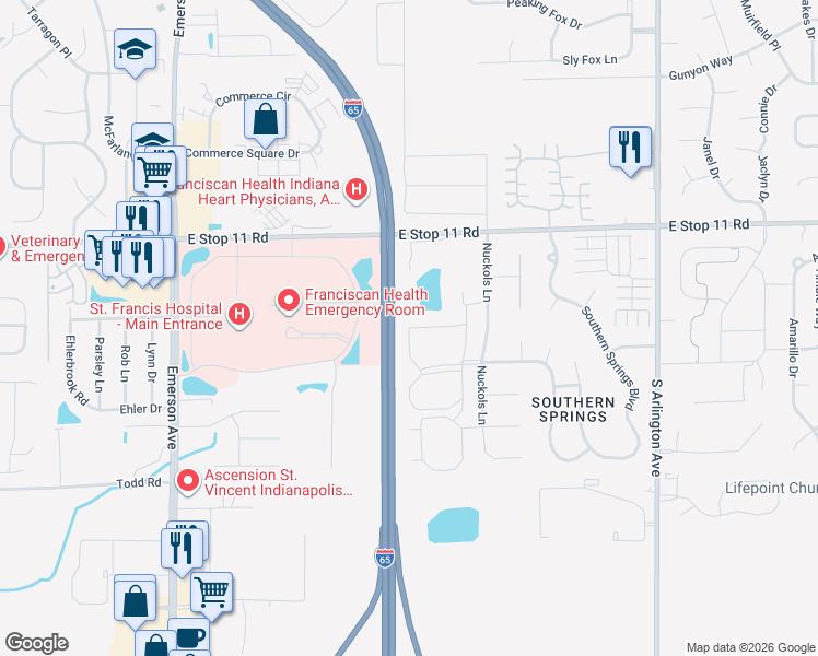 map of restaurants, bars, coffee shops, grocery stores, and more near 8201 Cabin Creek Drive in Indianapolis