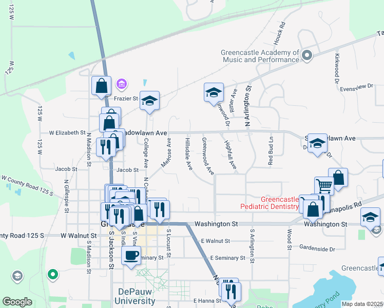 map of restaurants, bars, coffee shops, grocery stores, and more near 221 Hillsdale Avenue in Greencastle