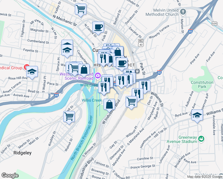 map of restaurants, bars, coffee shops, grocery stores, and more near 17 Howard Street in Cumberland