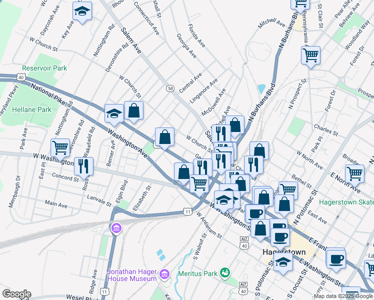 map of restaurants, bars, coffee shops, grocery stores, and more near 198 Wise Street in Hagerstown