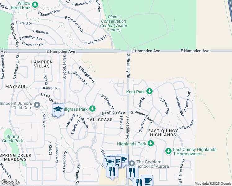 map of restaurants, bars, coffee shops, grocery stores, and more near 3713 South Perth Circle in Aurora