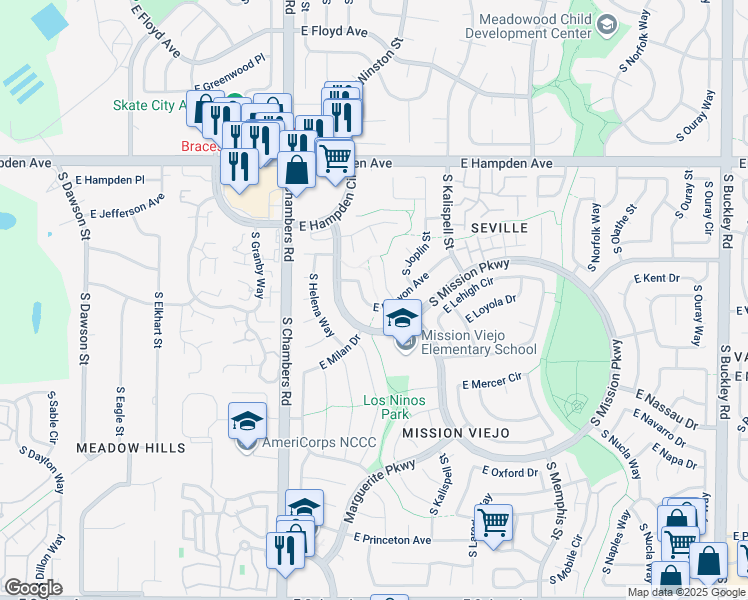 map of restaurants, bars, coffee shops, grocery stores, and more near 15604 East Kenyon Avenue in Aurora