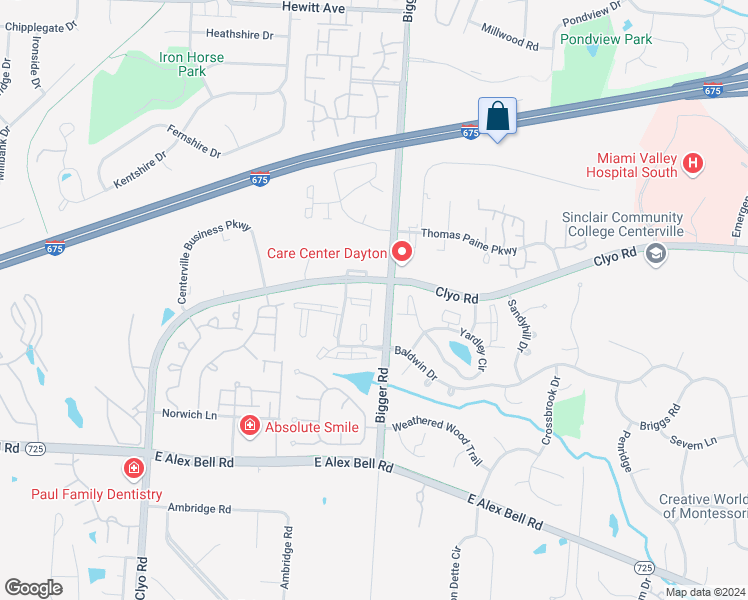 map of restaurants, bars, coffee shops, grocery stores, and more near 6-2-20 Bigger Lane in Dayton