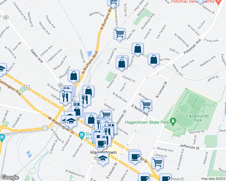 map of restaurants, bars, coffee shops, grocery stores, and more near 405 Jonathan Street in Hagerstown