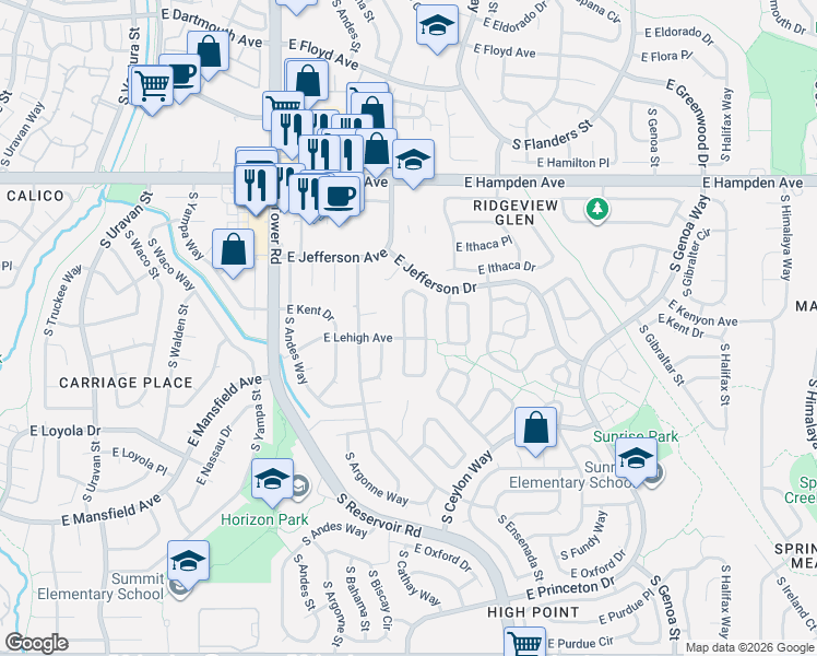 map of restaurants, bars, coffee shops, grocery stores, and more near 18906 East Kent Circle in Aurora