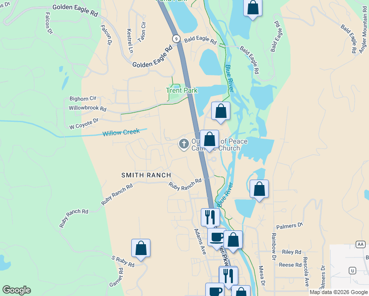 map of restaurants, bars, coffee shops, grocery stores, and more near 89 Smith Ranch Road in Silverthorne