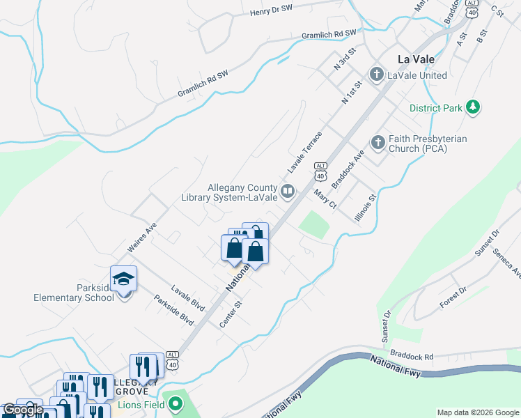 map of restaurants, bars, coffee shops, grocery stores, and more near 843 National Highway in La Vale
