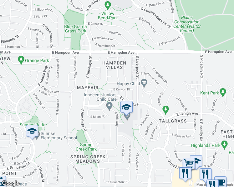 map of restaurants, bars, coffee shops, grocery stores, and more near 3775 South Kirk Street in Aurora