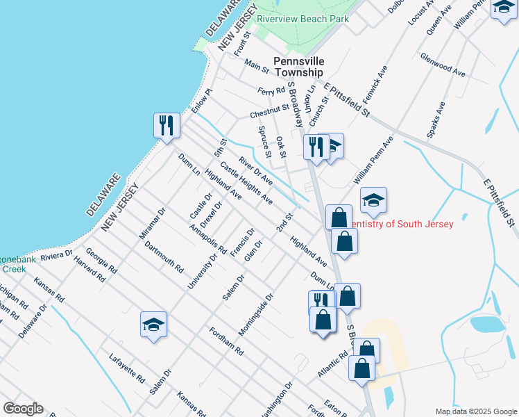 map of restaurants, bars, coffee shops, grocery stores, and more near 156 Highland Avenue in Pennsville
